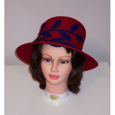 Red Hat Ladies  Red Wool Hat w/Purple Leaf Design by Betmar New York  eb-82849025
